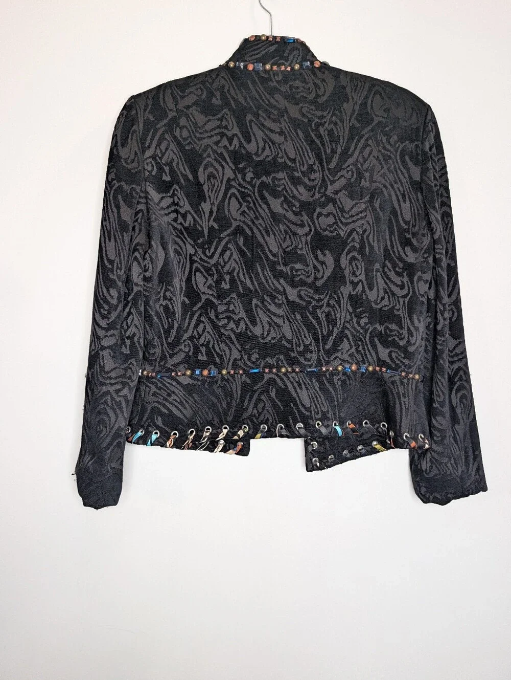 Alberto Makali Black Jacquard Embellished Lace-Up Jacket Blazer Art-to-Wear